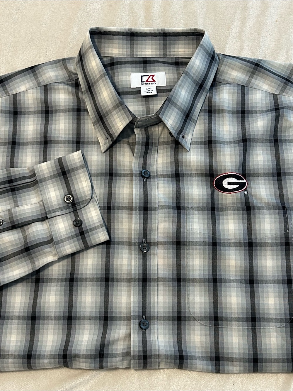 NEW Cutter Buck Georgia Bulldogs Button Down Shirt Men L Plaid Gray Long Sleeve